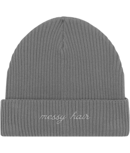 Embroidered Fisherman Beanie | messy hair