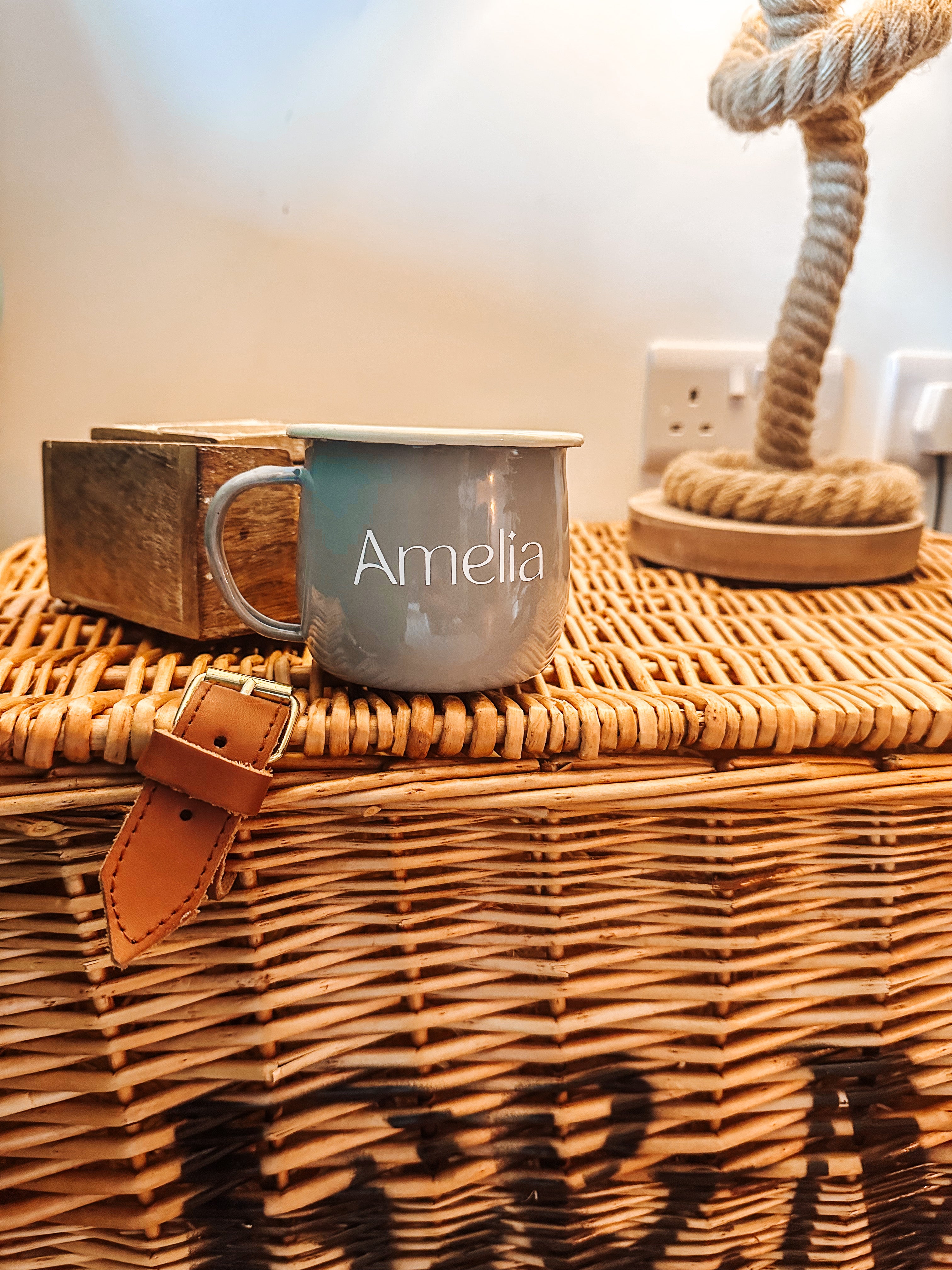 Personalised enamel belly mug - pink, off white and grey available