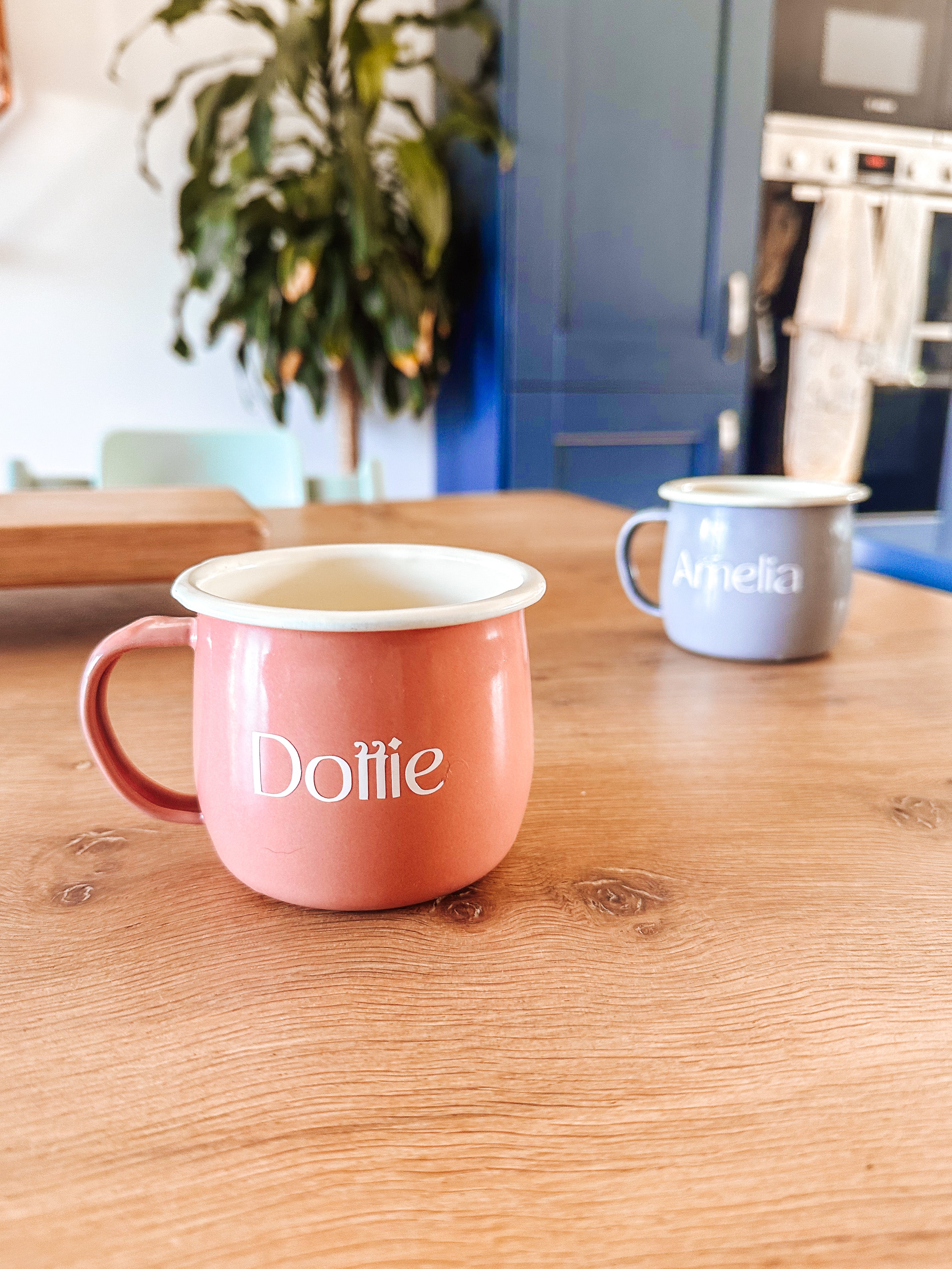 Personalised enamel belly mug - pink, off white and grey available