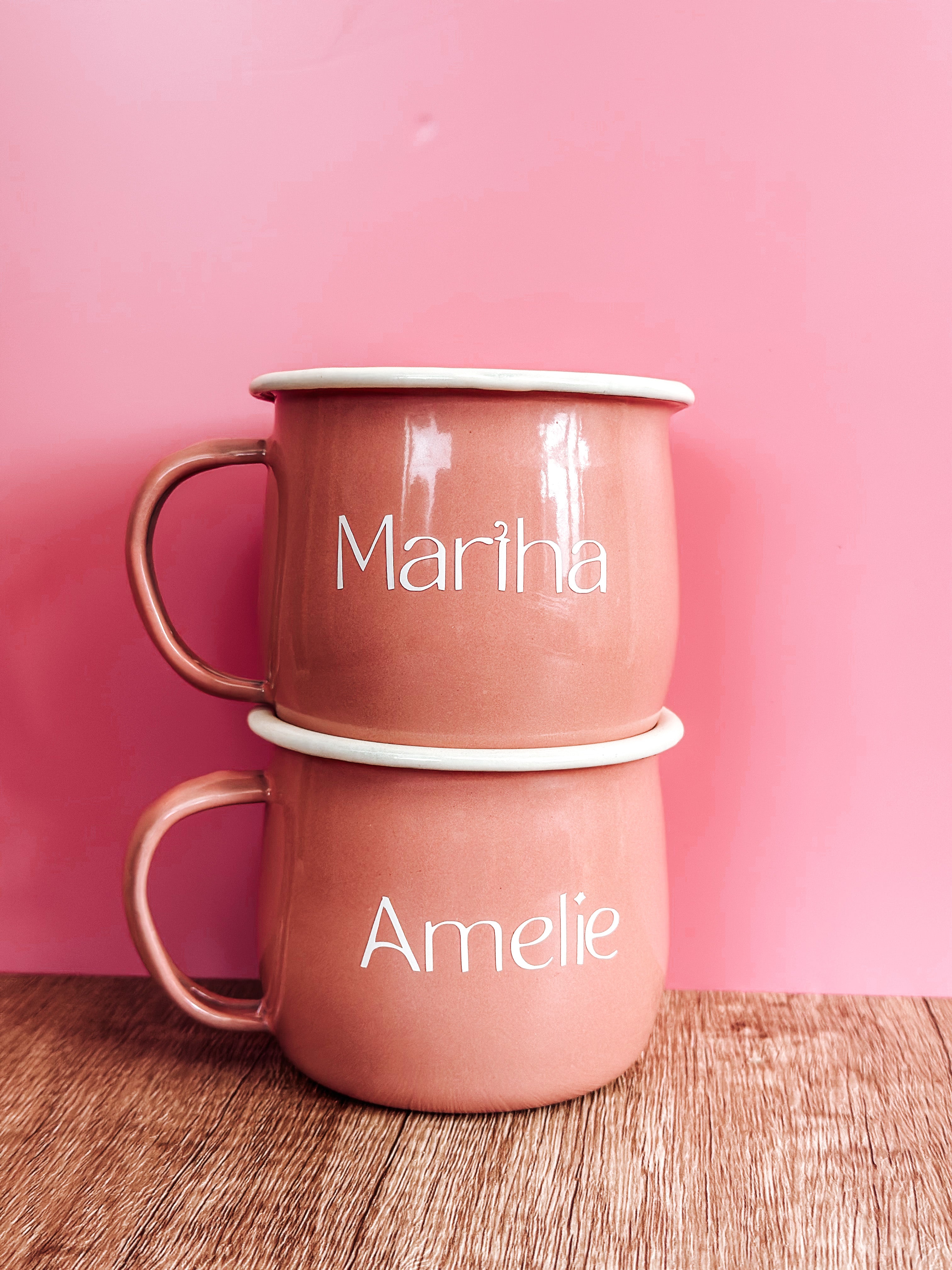 Personalised enamel belly mug - pink, off white and grey available