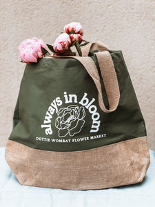 Always in Bloom dusty green Canvas & Jute Tote Bag