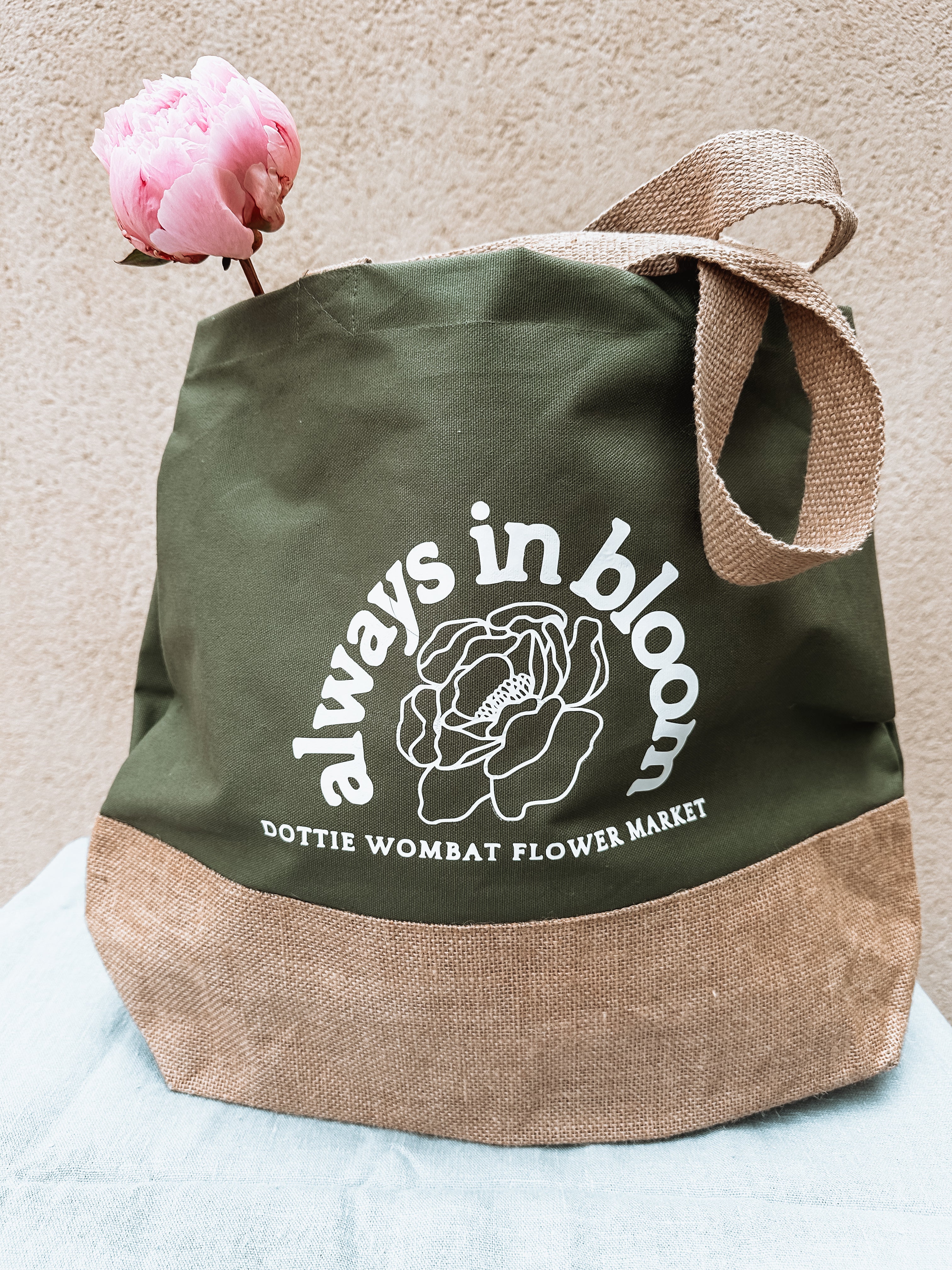 Always in Bloom dusty green Canvas & Jute Tote Bag