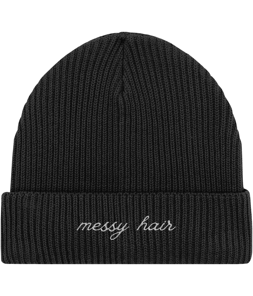 Embroidered Fisherman Beanie | messy hair