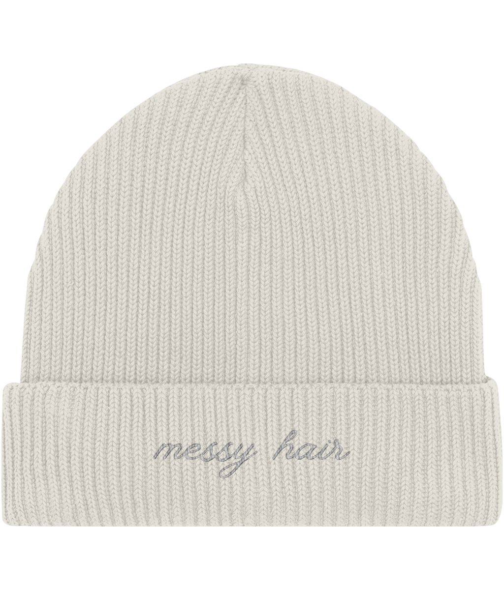 Embroidered Fisherman Beanie | messy hair