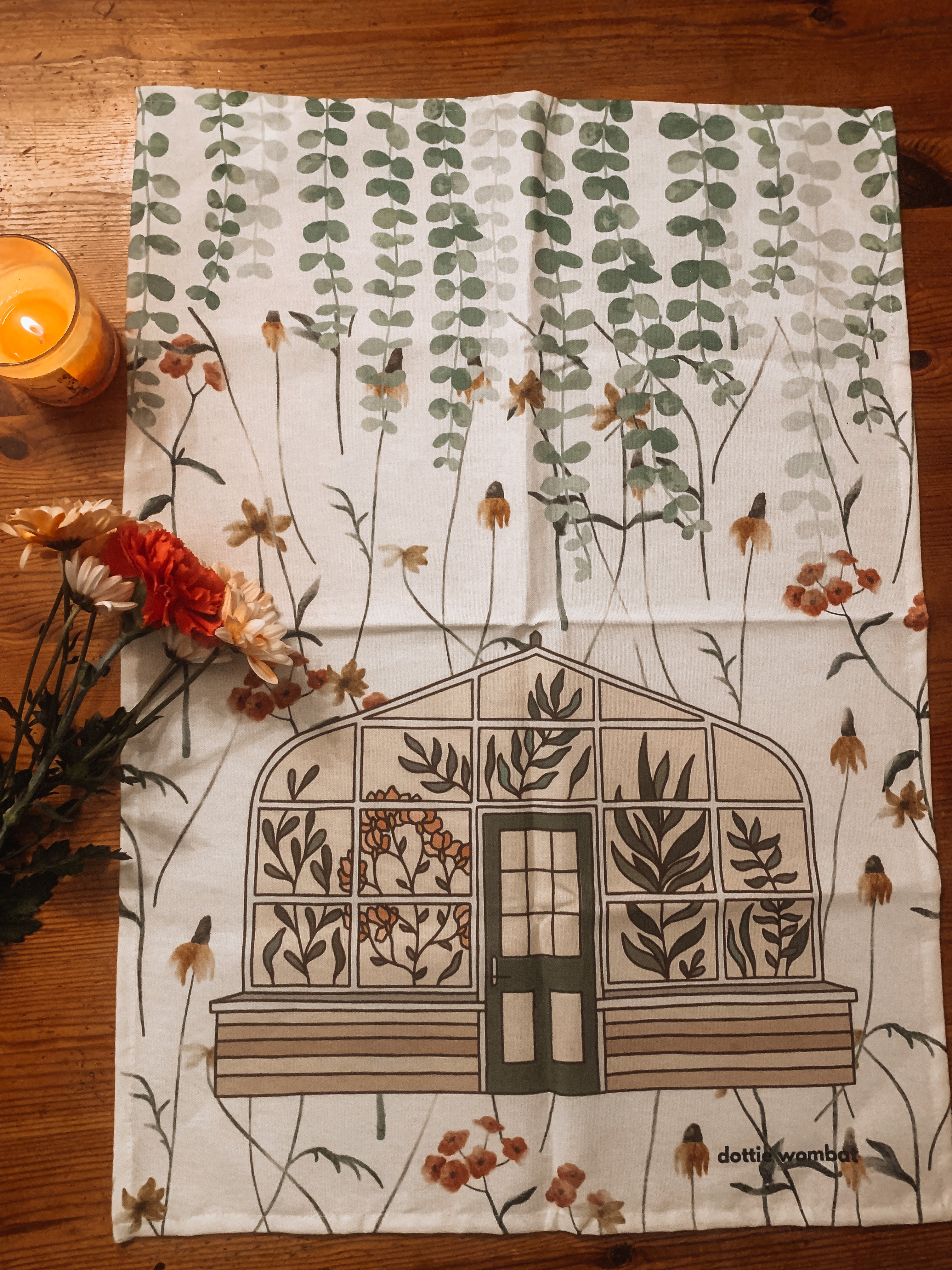 Tea Towel Green house and botanical print. Tokri Half Panama cotton