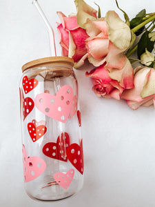 Valentines love heart glass beer can glass with bamboo lid and straw