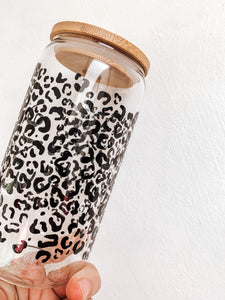 Leopard print glass,  beer can glass with bamboo lid and straw