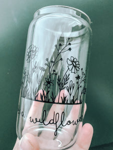 Wildflower glass beer can glass with bamboo lid and straw