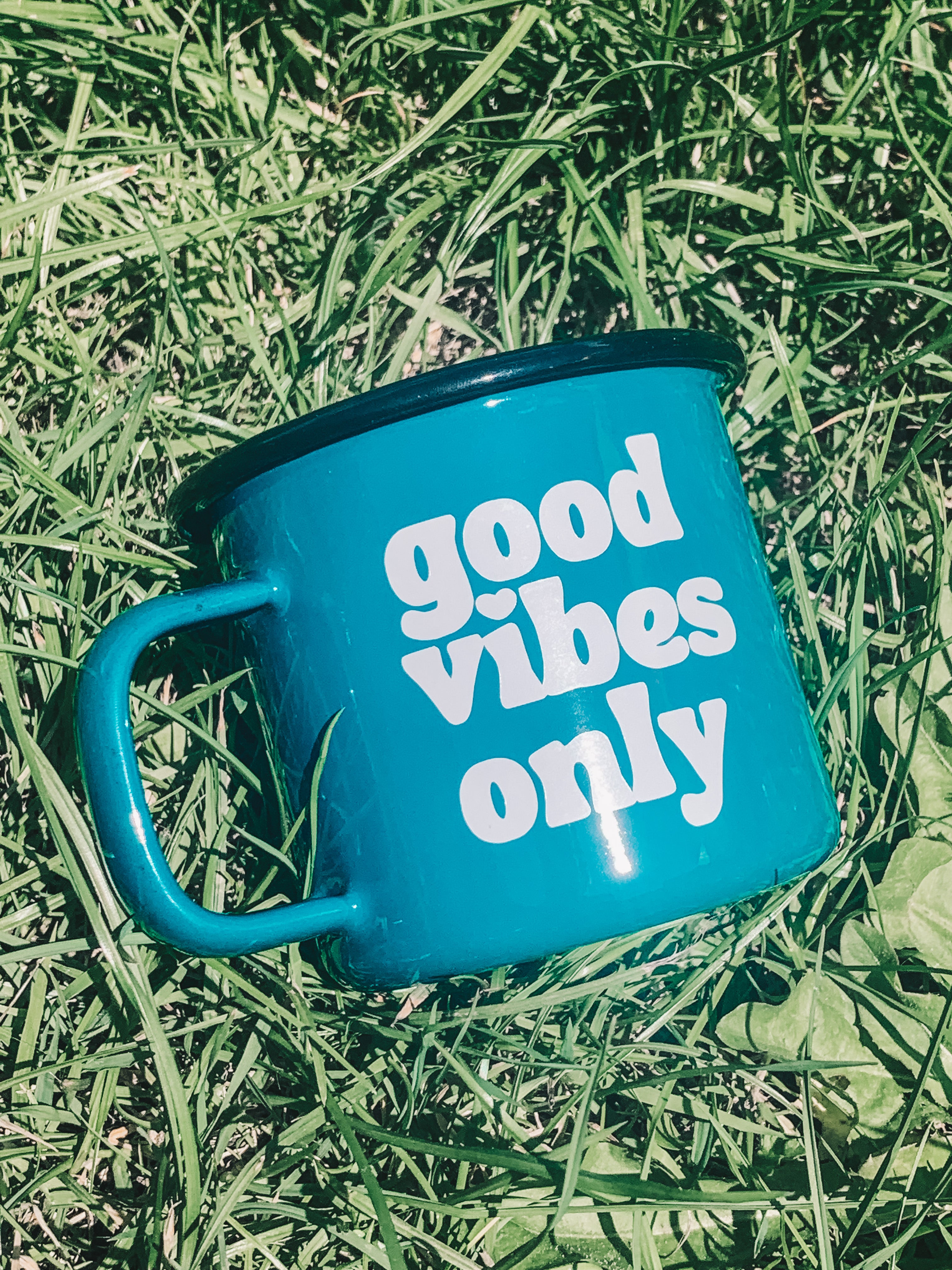 Teal Green Enamel Mug Good Vibes Only