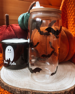 Halloween bat glass beer can glass with bamboo lid and straw