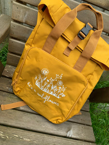 Mustard yellow backpack roll top bag- She’s a wildflower