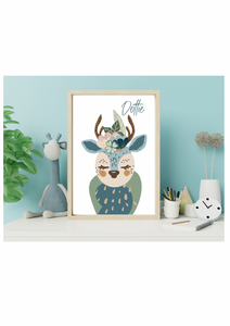 Deer in Flower Crown woodland character Nursery kids print A5, A4, A3  Wall Art
