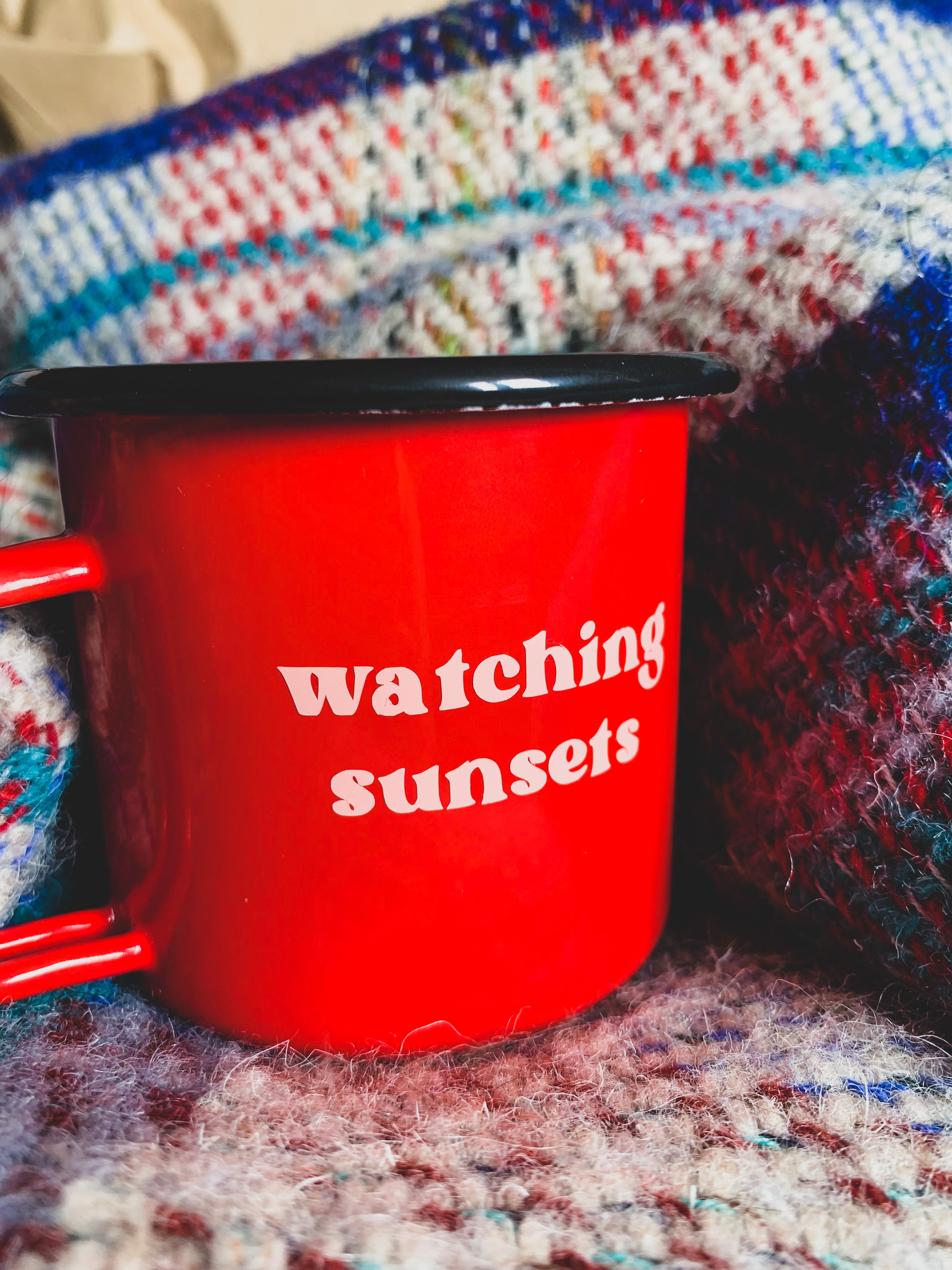 Red Enamel Mug Watching sunsets