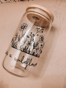 Wildflower glass beer can glass with bamboo lid and straw