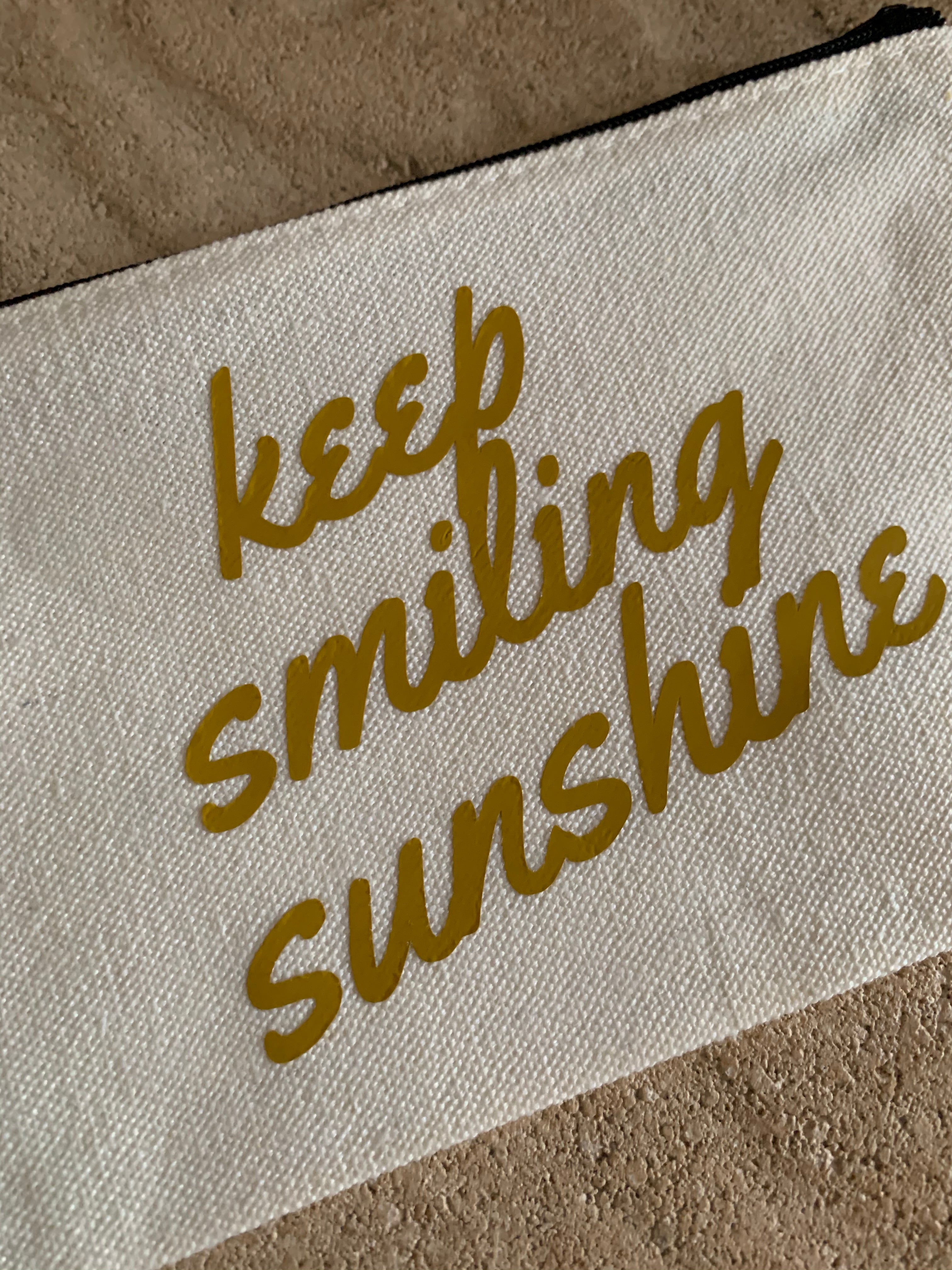 Canvas pouch /coin purse /pencil case /zip bag mustard vinyl  ‘keep smiling sunshine ’