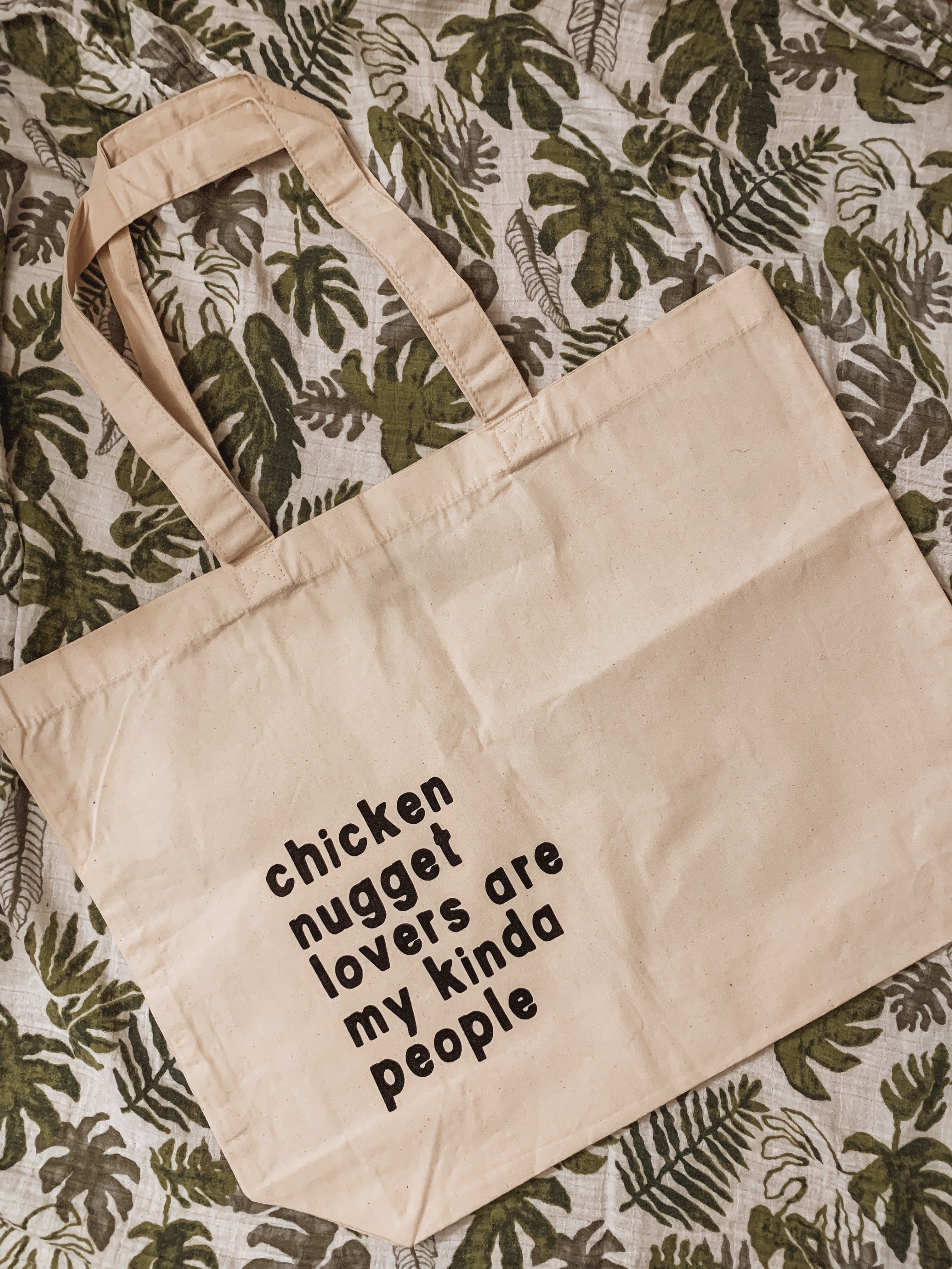 Chicken nugget lover cotton tote bag, large with black writing