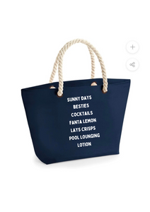 Summer list beach French navy cotton tote bag