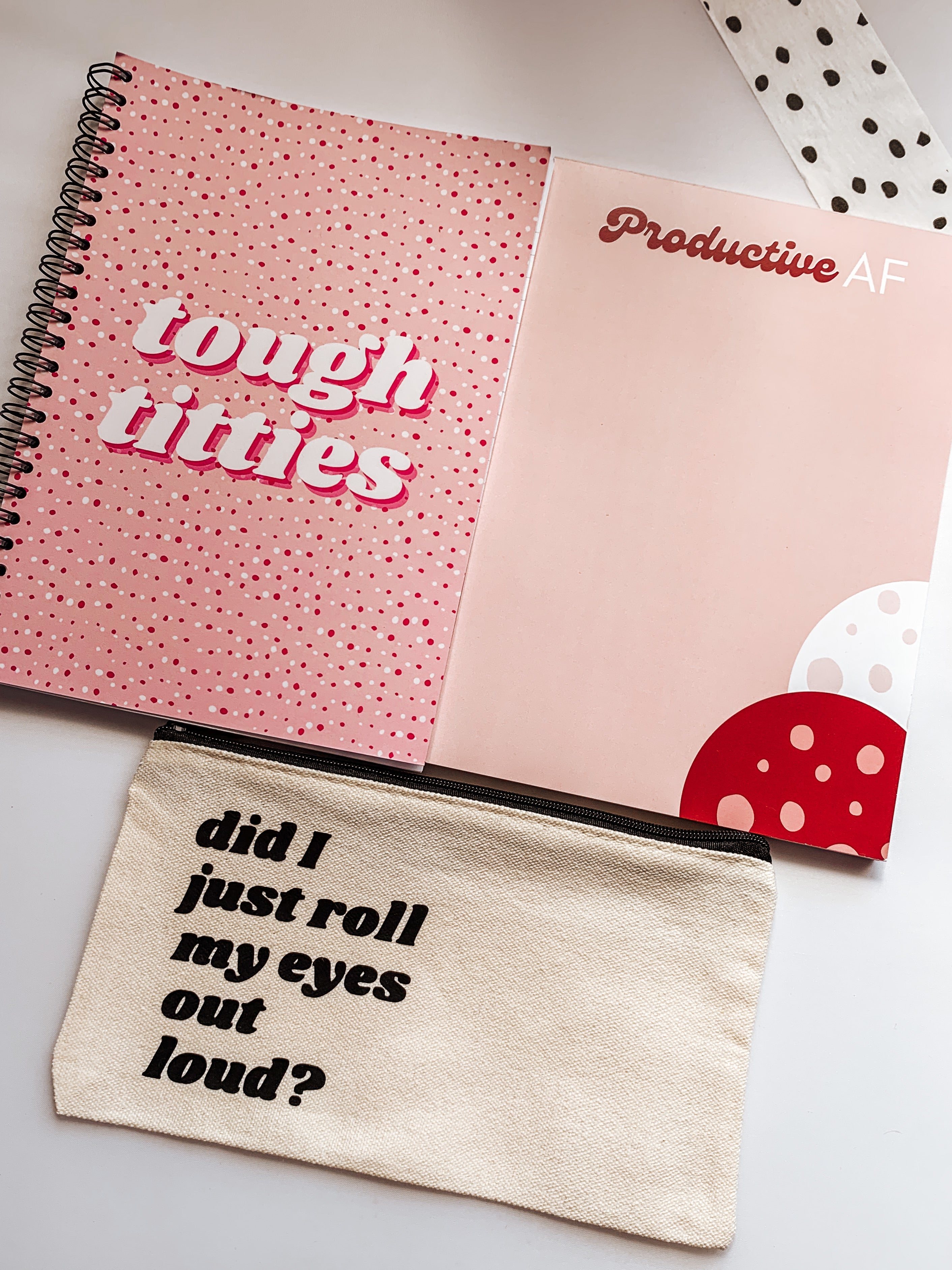 Stationery Set- Sassy Stationery Queen A5 Tough Titties Notebook, Productive AF Notepad & Eye Roll pencil pouch