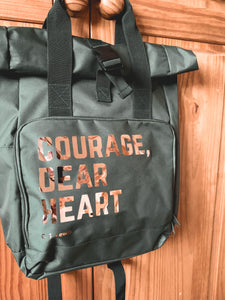 Olive green backpack roll top bag- Courage Dear Heart quote by CS Lewis