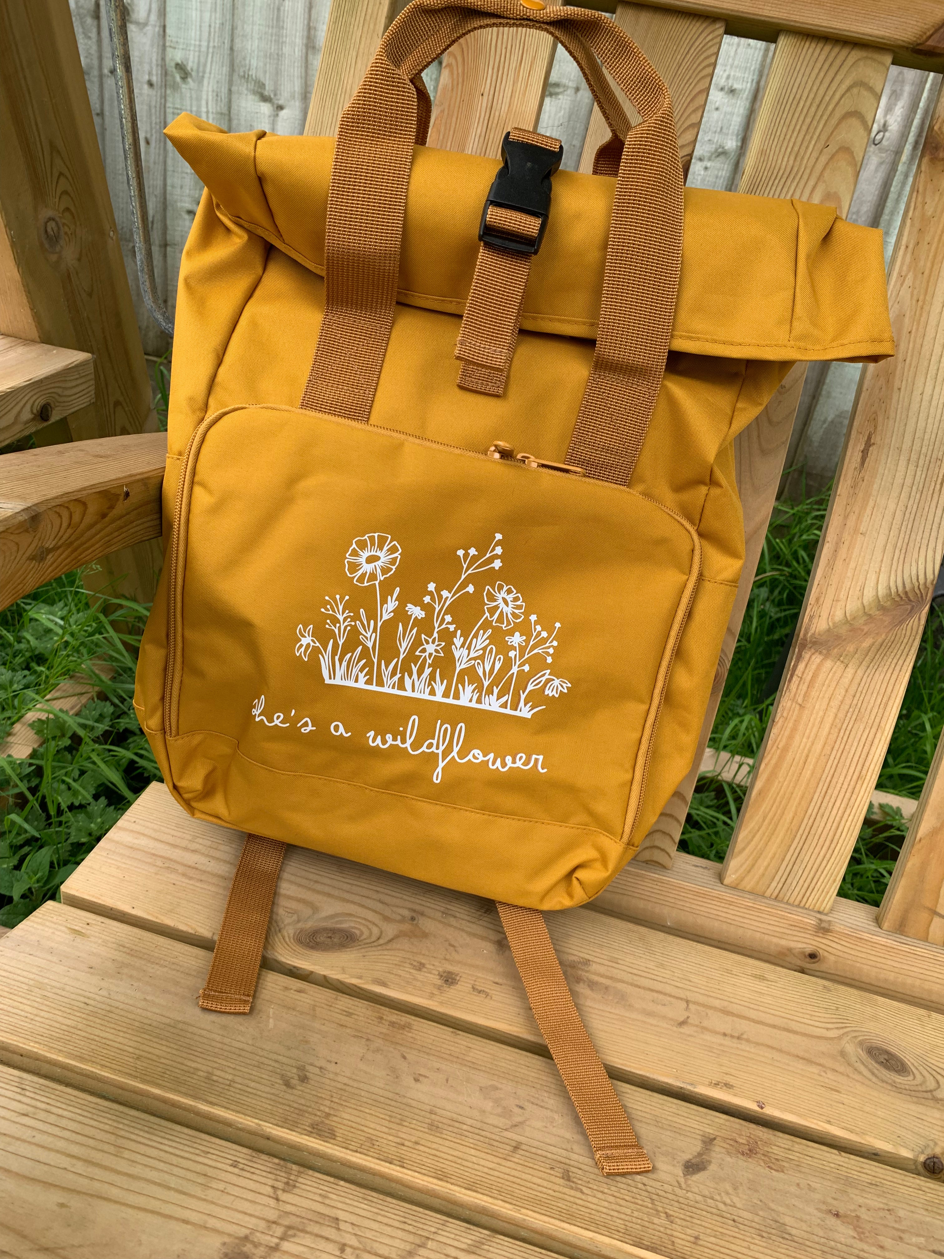 Mustard yellow backpack roll top bag- She’s a wildflower
