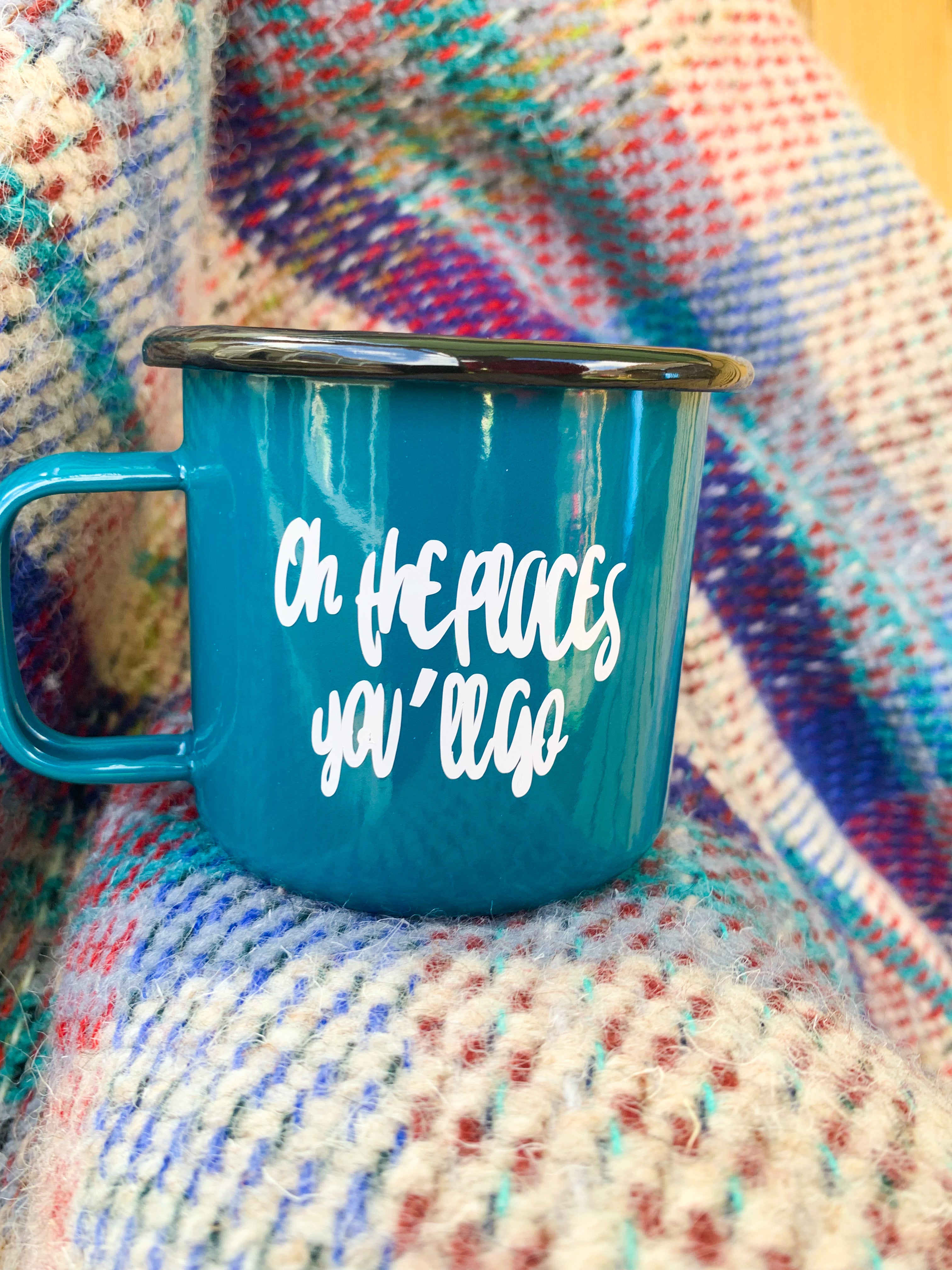 Teal Green Enamel Mug Oh the places you’ll go